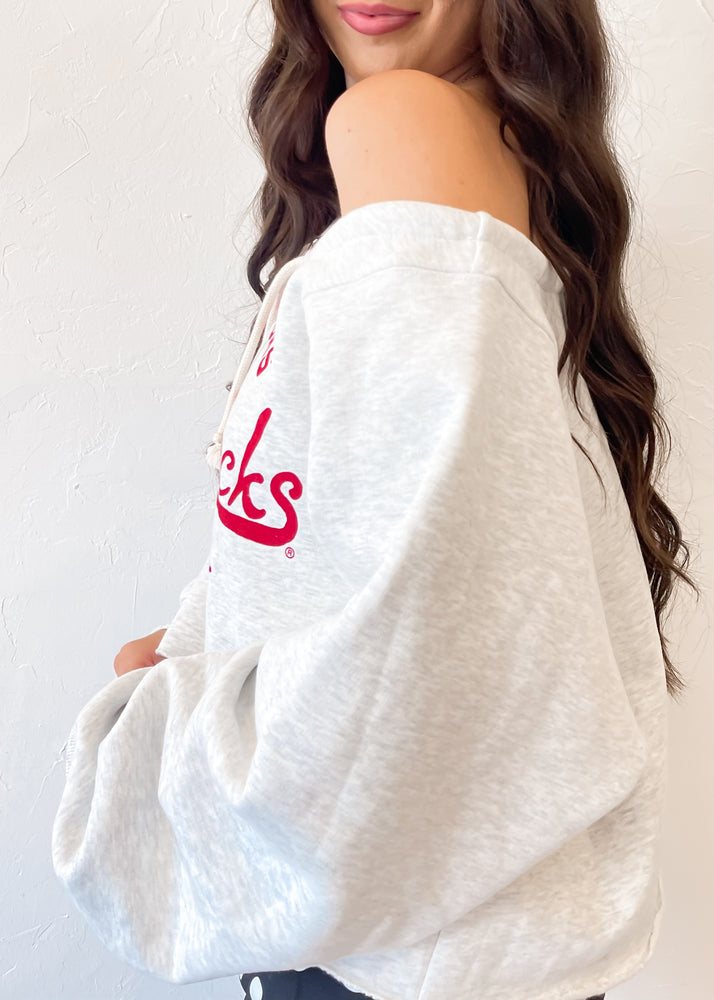 Livy Lu Arkansas Razorbacks Football Stencil Tie Off Shoulder Hi Dive Sweatshirt | Gray