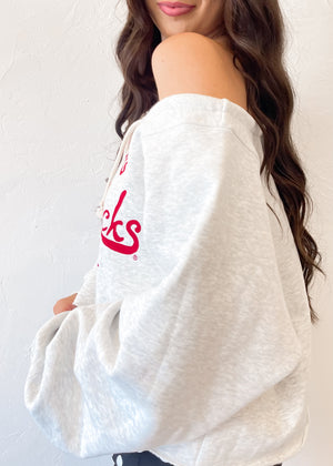 Livy Lu Arkansas Razorbacks Football Stencil Tie Off Shoulder Hi Dive Sweatshirt | Gray