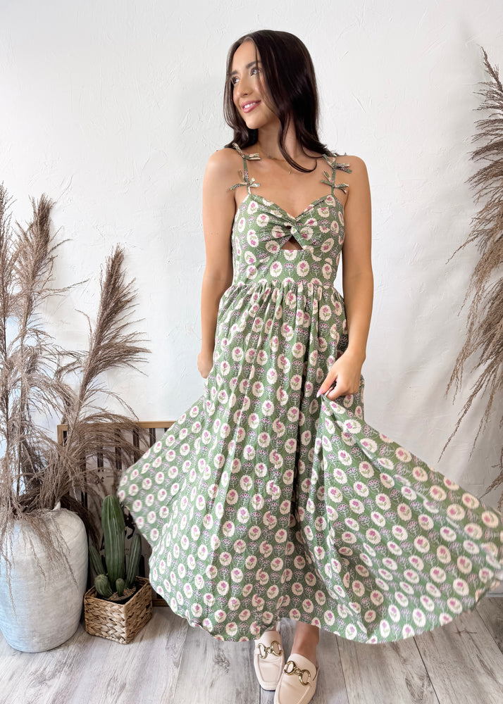Strawberry Matcha Green Floral Dress