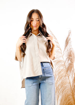 The Kamree Oversized Button Up Top | Taupe