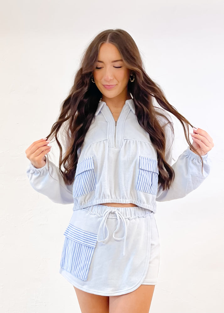 ILLA ILLA Chilly Mornings Cropped Half Zip Top | Light Blue