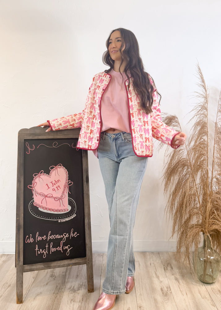 Never Too Old For Bows Quilted Jacket | Pink