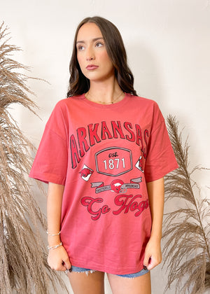Livy Lu Arkansas Razorbacks Hogs Patches 25 Red Heavyweight Tee