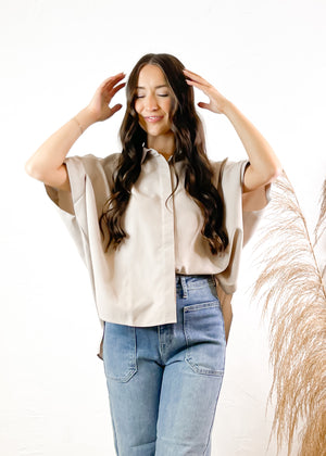 The Kamree Oversized Button Up Top | Taupe