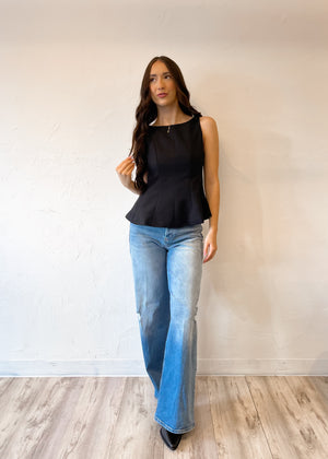 Noir Belle Peplum Bow Top | Black