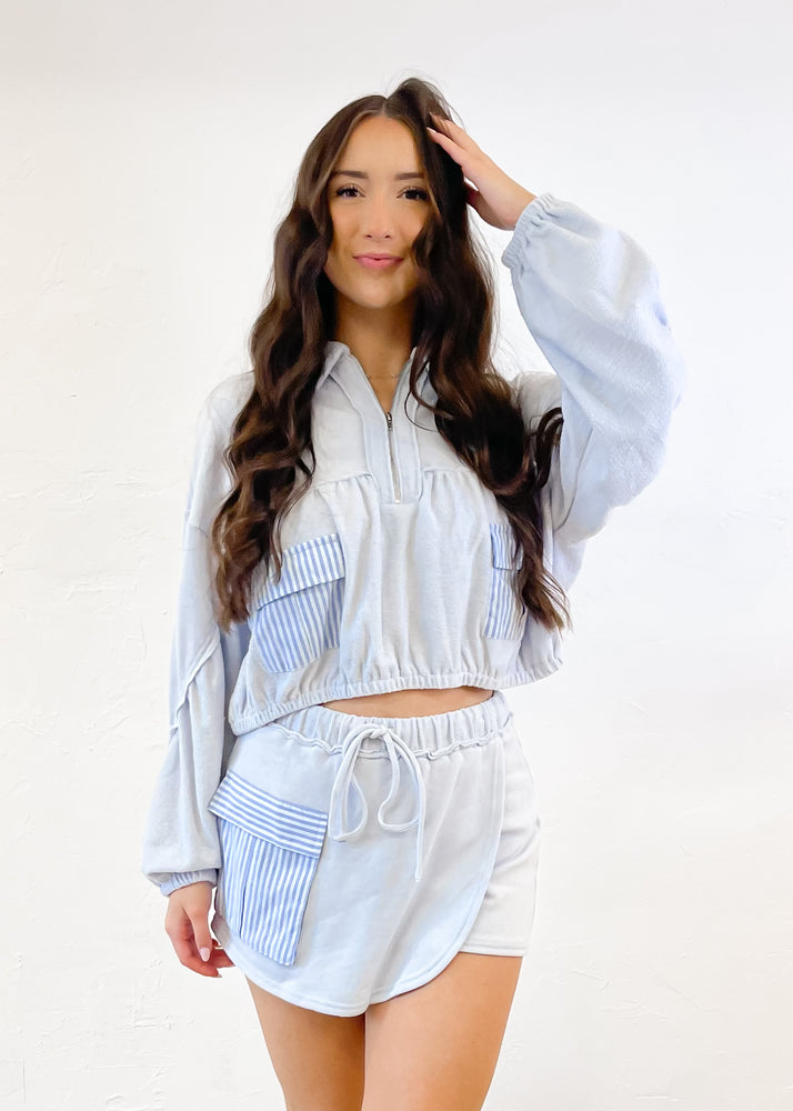 ILLA ILLA Chilly Mornings Cropped Half Zip Top | Light Blue