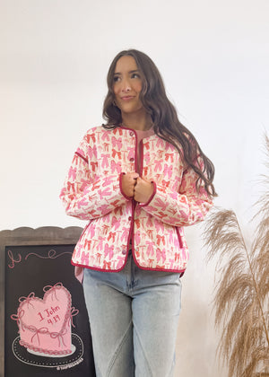 Never Too Old For Bows Quilted Jacket | Pink