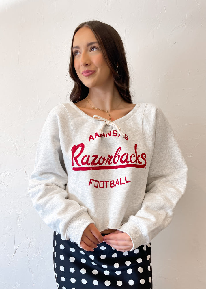 Livy Lu Arkansas Razorbacks Football Stencil Tie Off Shoulder Hi Dive Sweatshirt | Gray