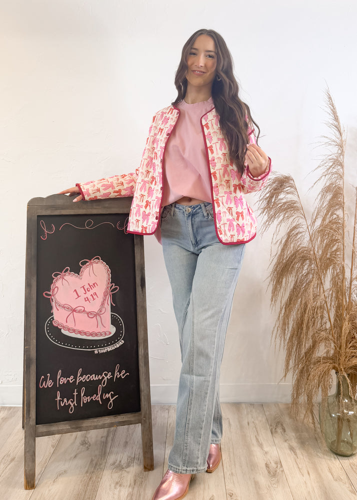 Never Too Old For Bows Quilted Jacket | Pink