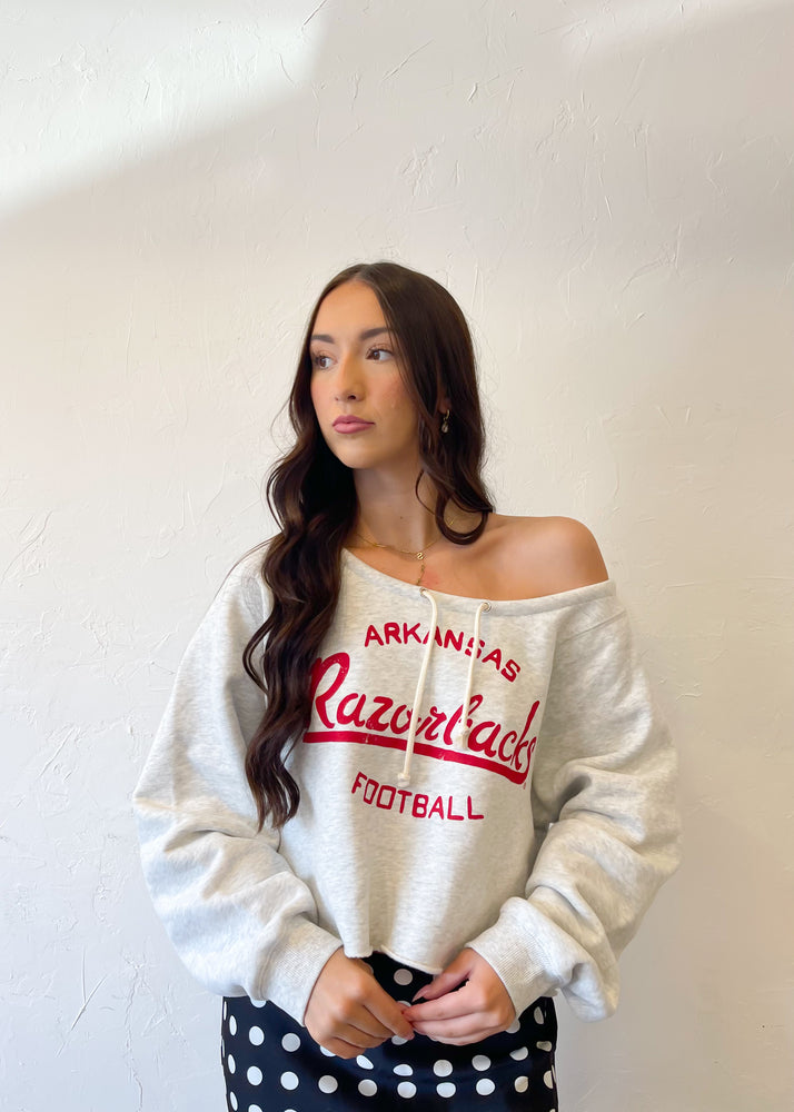 Livy Lu Arkansas Razorbacks Football Stencil Tie Off Shoulder Hi Dive Sweatshirt | Gray