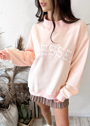Blessed Embroidered Mock Neck Sweatshirt | Baby Pink