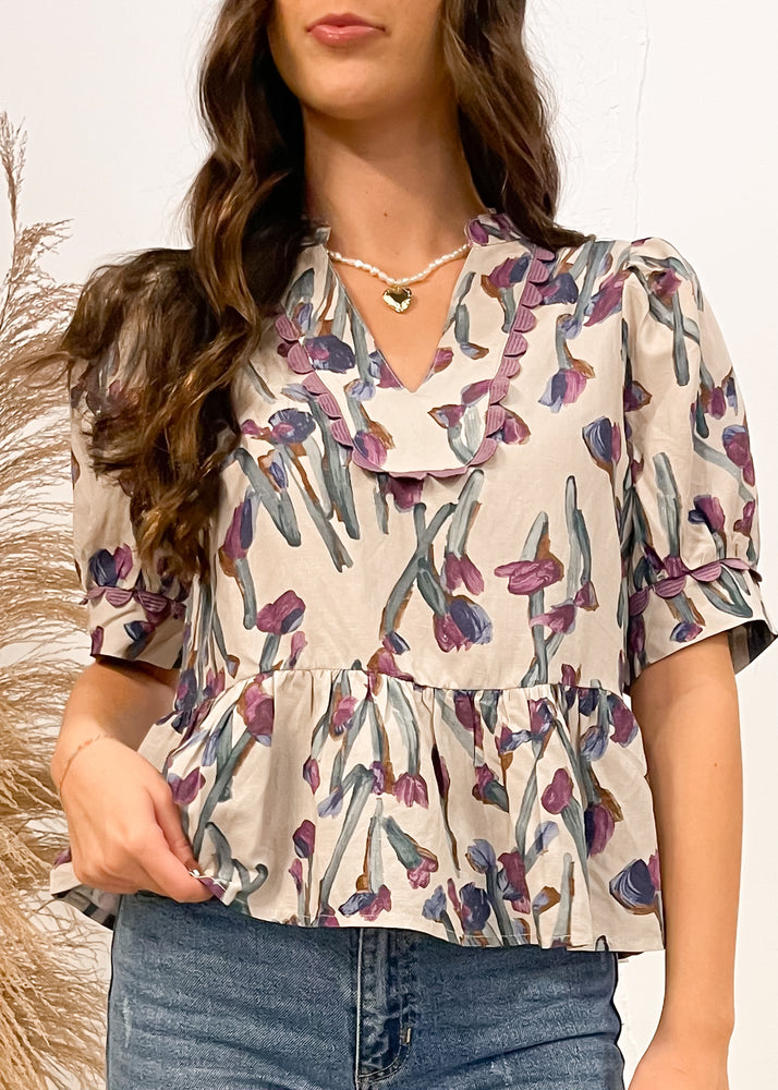 Brunch In Greece Floral Babydoll Top | Cream & Purple