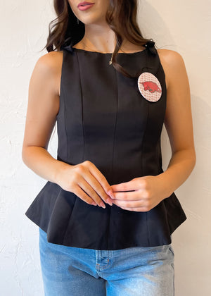 Noir Belle Peplum Bow Top | Black