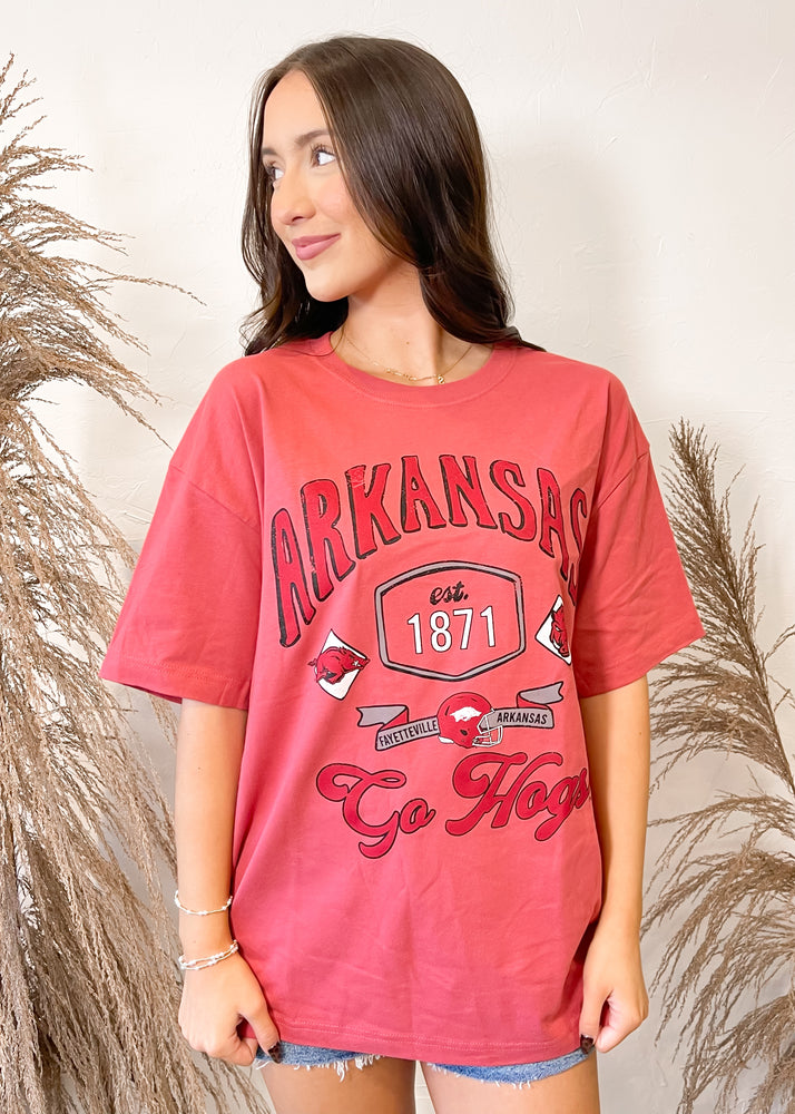 Livy Lu Arkansas Razorbacks Hogs Patches 25 Red Heavyweight Tee