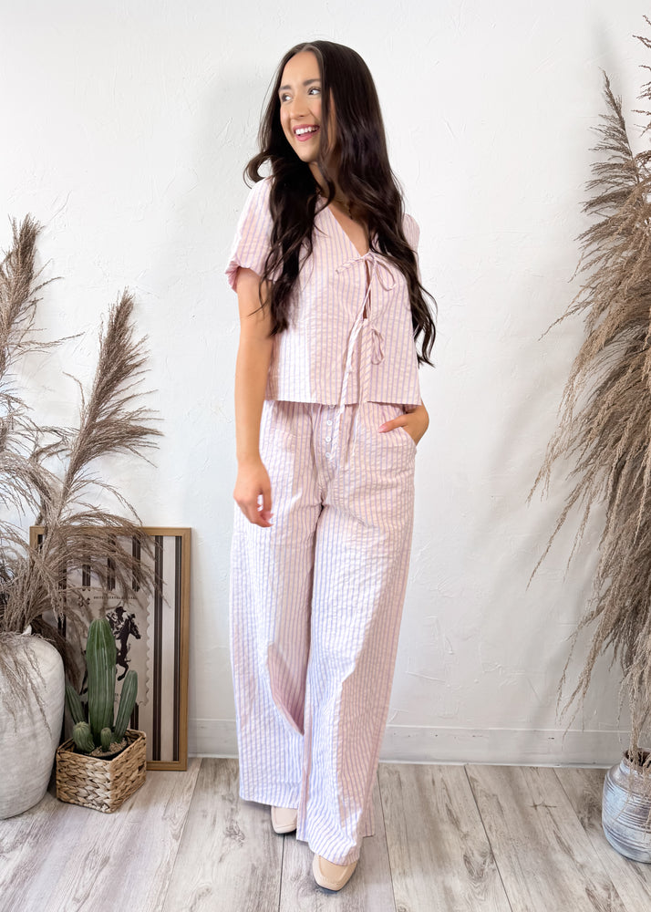 Sunday Striped Puff Sleeve Top | Pink