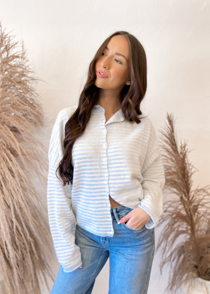 Bella Cutie Stripe Cardigan | Light Blue