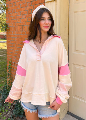 
            
                Load image into Gallery viewer, Knit Color-block Oversized Top | Pink
            
        
