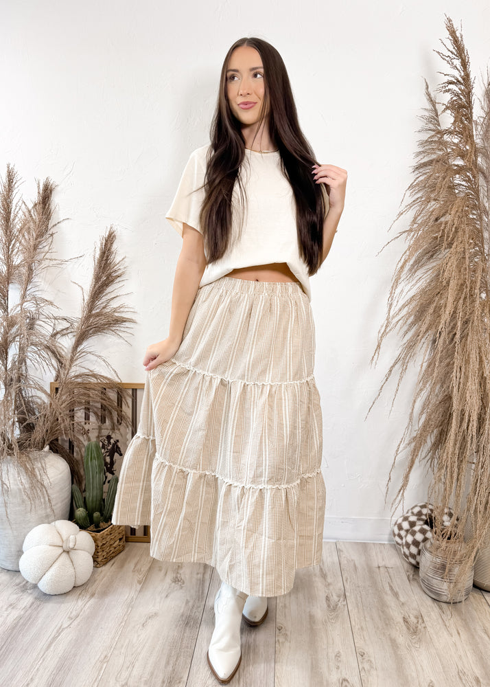 Pumpkin Patch Gingham Midi Skirt | Mocha