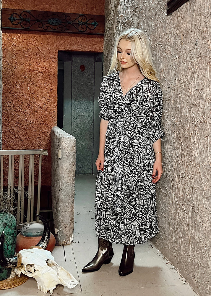 Meet Me In Santorini Sanctuary Dress | Black, White, Palm