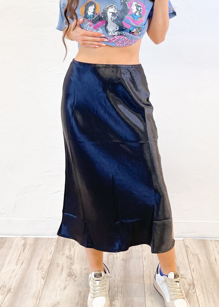 Live For Danger Midi Satin Skirt | Black