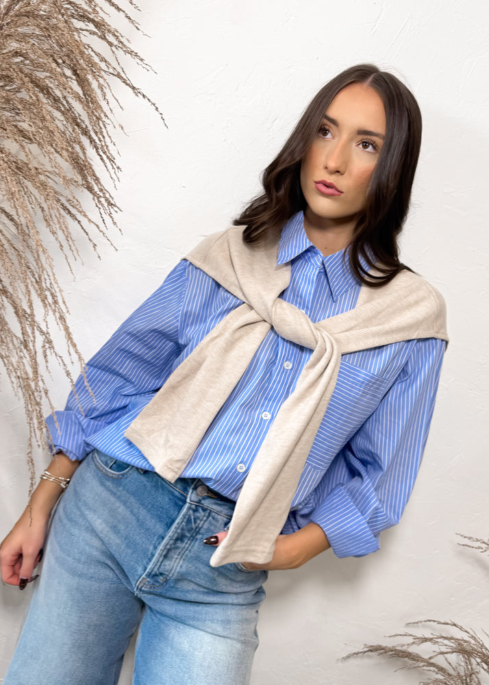 Fifth Ave Striped Shirt with Knit Sleeve | Chambray