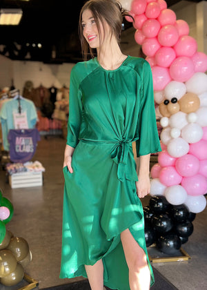
            
                Load image into Gallery viewer, LUCCA Remona Tulip Hem Wrap Dress| Emerald
            
        