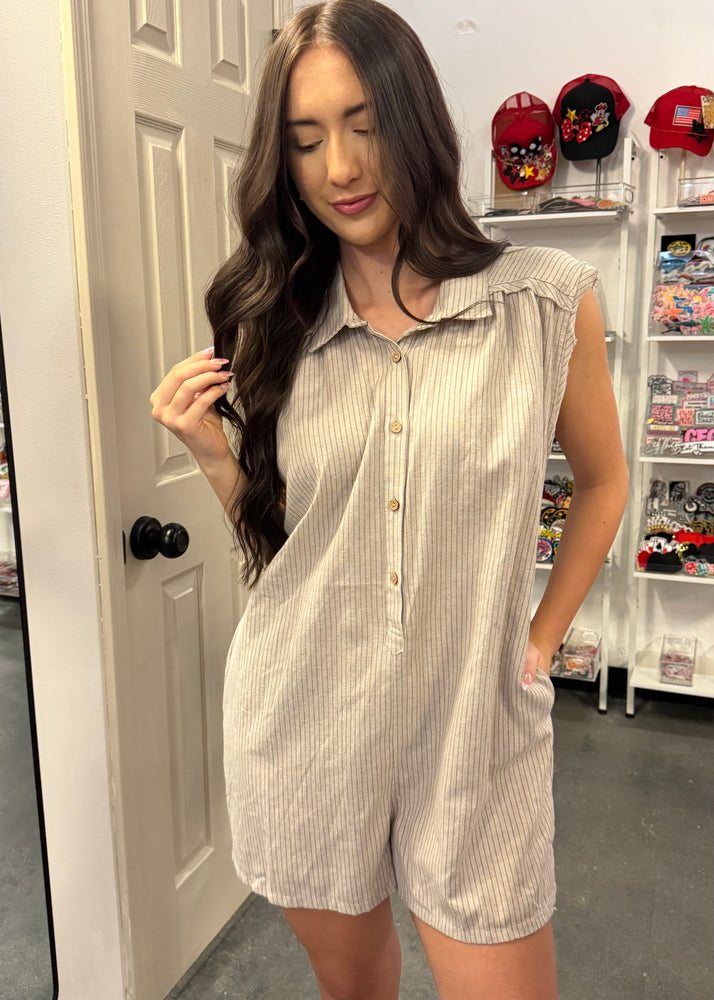 Laidback Life Pinstripe Sleeveless Romper | Sand