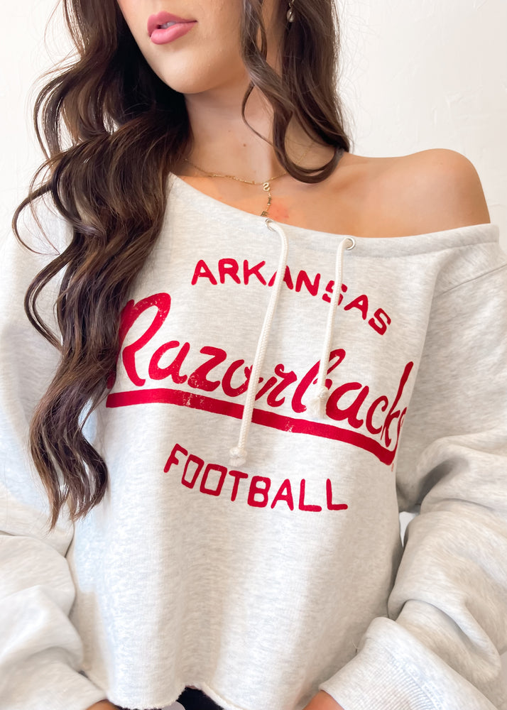 Livy Lu Arkansas Razorbacks Football Stencil Tie Off Shoulder Hi Dive Sweatshirt | Gray