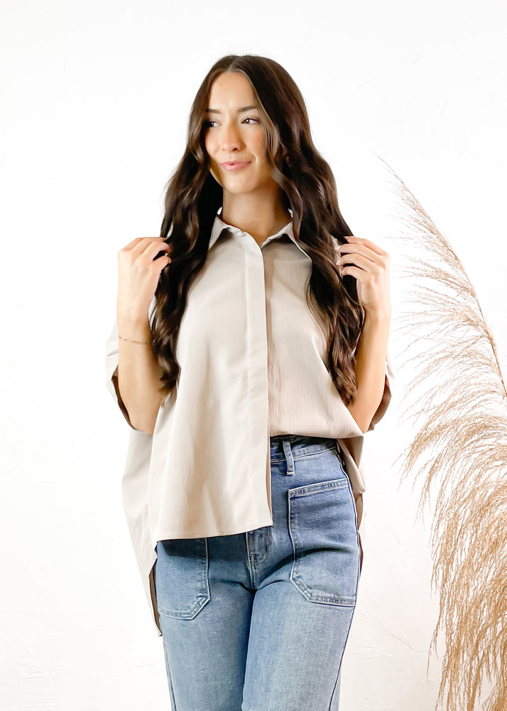 The Kamree Oversized Button Up Top | Taupe