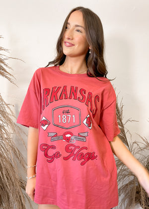 Livy Lu Arkansas Razorbacks Hogs Patches 25 Red Heavyweight Tee