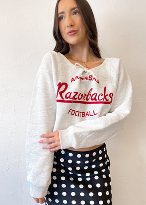 Livy Lu Arkansas Razorbacks Football Stencil Tie Off Shoulder Hi Dive Sweatshirt | Gray
