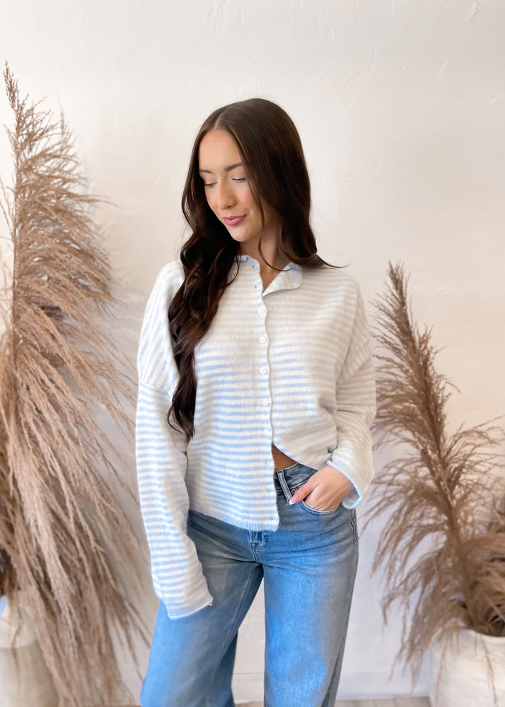 Bella Cutie Stripe Cardigan | Light Blue