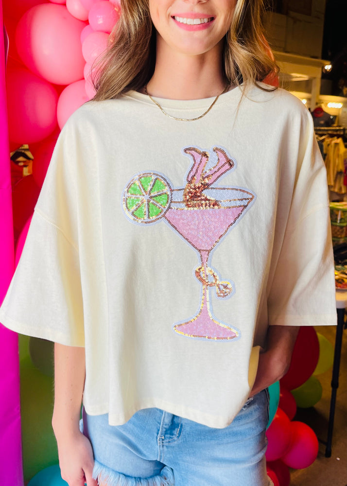 
            
                Load image into Gallery viewer, Peach Love Martini Sequence Cropped Tee | Cream
            
        