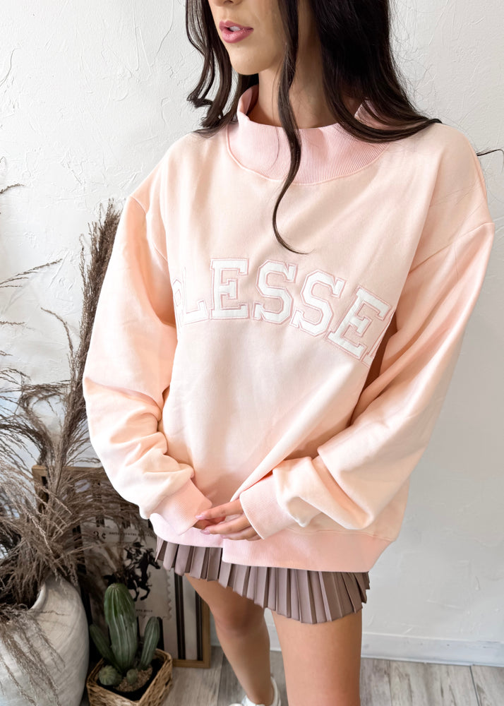 Blessed Embroidered Mock Neck Sweatshirt | Baby Pink