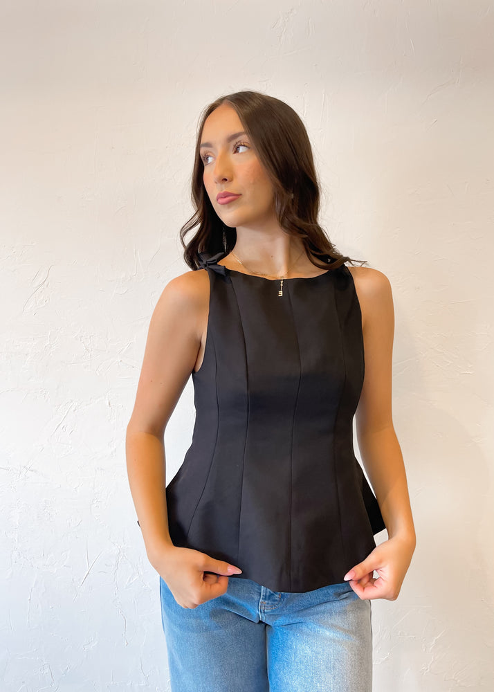 Noir Belle Peplum Bow Top | Black