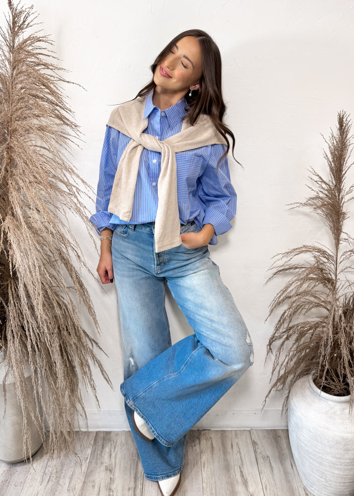 Fifth Ave Striped Shirt with Knit Sleeve | Chambray