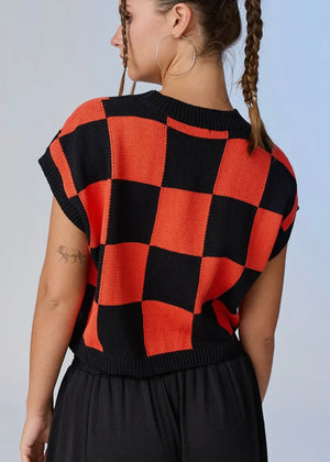 Keeping Score Checkered Knit Top | Black & Orange