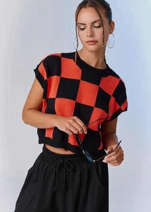 Keeping Score Checkered Knit Top | Black & Orange