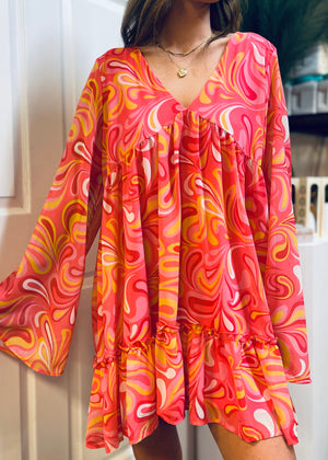 
            
                Load image into Gallery viewer, Peach Love Marbel Print V-Neck Long Slv Mini Dress
            
        