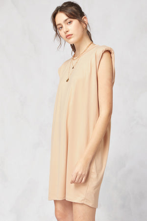 
            
                Load image into Gallery viewer, Lean On Me Shoulder Pad Dress | Tan
            
        