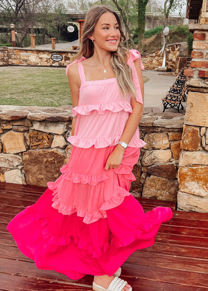 
            
                Load image into Gallery viewer, Blushing Maxi Blushing Tiered Dress | Pink Combo
            
        