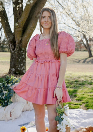 
            
                Load image into Gallery viewer, Aureum Puff Sleeve Smocked Mini Dress | Coral Pink
            
        